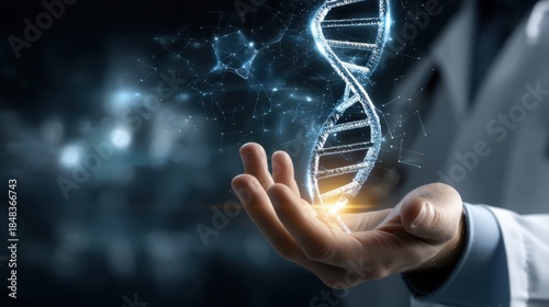 Doctor analyzing dna helix hologram projection in advanced medical research lab high-tech environment gigapixel clarity
