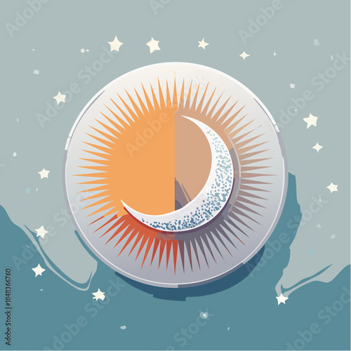 Stylized illustration of a sun and moon symbol, set against a starry sky.