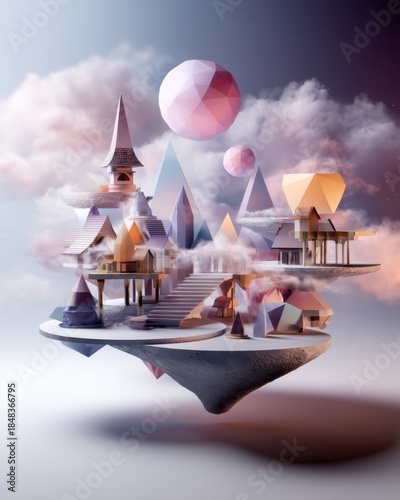 Enchanting dreamlike village on giant hovering platforms surreal landscape gigapixel art whimsical atmosphere aerial view