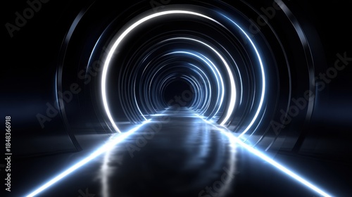 Floating neon chrome rings create an abstract tunnel experience in a digital realm gigapixel quality futuristic aesthetic