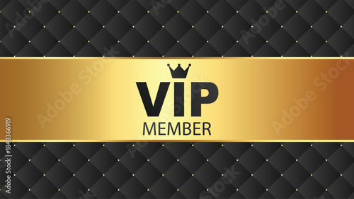 A luxurious VIP member card design featuring a golden banner with a crown icon and text on a black quilted background.