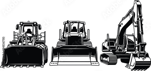 a detailed black and white illustration showcases three different heavy construction vehicles side by side including a loader bulldozer and excavator