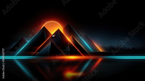 Illuminated geometric neon chrome landscape at sunset futuristic environment digital art viewpoint abstract concept