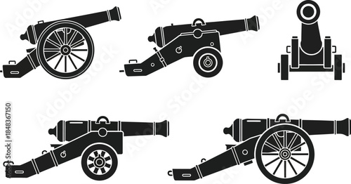 a collection of vintage black silhouette cannons in various perspectives and positions illustrating historical artillery weaponry designs high quality professional detailed