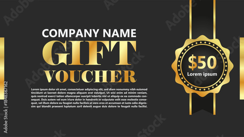 Elegant black and gold gift voucher design with a $50 value seal and company name placeholder.