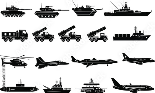 a monochrome collection depicting various military vehicles and aircraft including tanks ships helicopters fighter jets and submarines in silhouette style