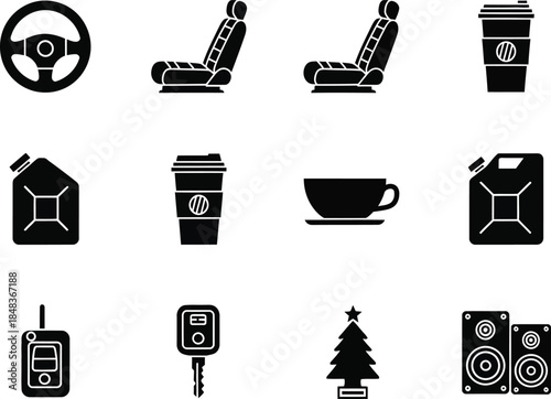 a collection of black and white icons depicting car elements beverages a home and various objects high quality professional detailed modern