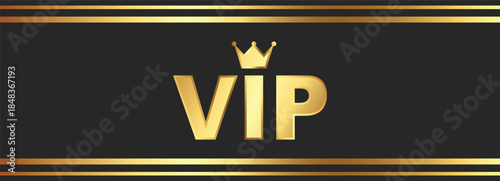 Golden VIP text with a crown on a dark background, framed by elegant gold lines, symbolizing exclusivity and premium status.