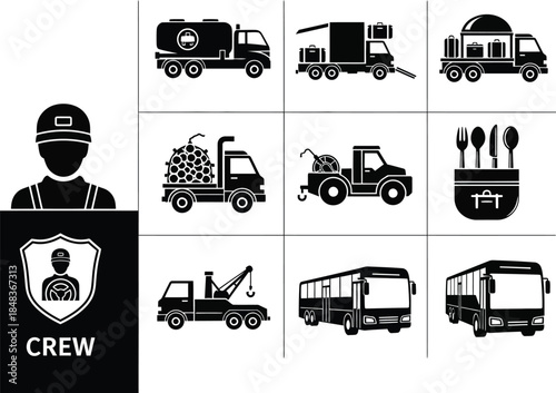 a collection of black silhouette icons depicting various types of service vehicles a worker and related equipment for logistics and public works