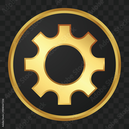 A golden gear symbol is displayed against a transparent checkered background, representing industry and mechanics.