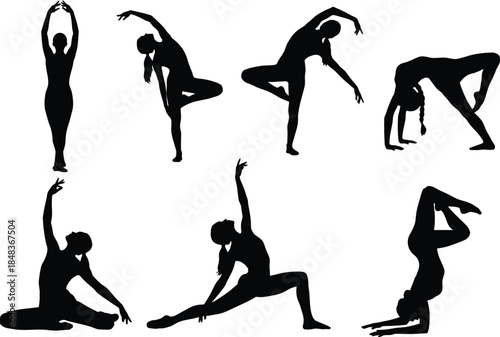 A collection of silhouettes depicting various yoga poses including standing seated and inverted positions showcasing human flexibility and wellness high quality
