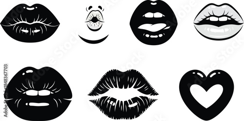 a collection of stylized monochrome lip illustrations showcasing various expressions shapes and designs in a decorative aesthetic high quality professional detailed