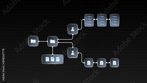 Project management workflow digital file. management system network diagram with users, folders, tasks, and file validation steps.