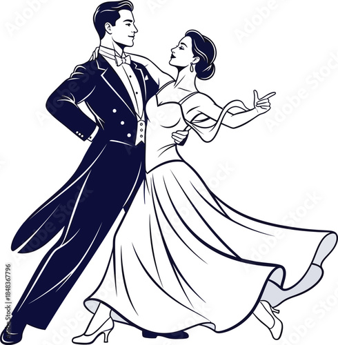 an elegant illustration depicts a formally dressed couple gracefully engaged in a ballroom dance showcasing vintage style and romantic connection