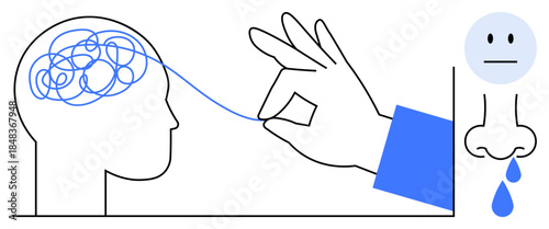 Mental health, problem-solving, emotional wellness, therapy, clarity, stress relief. Hand untangling blue lines from the brain, crying face with teardrop. Mental health and problem-solving