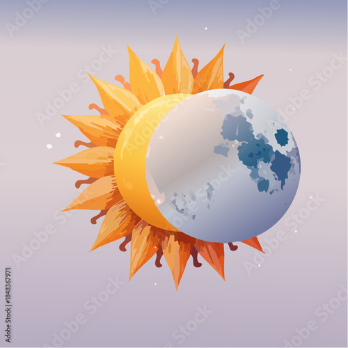 Sun and moon illustration with orange petals and a gradient background, depicting day and night.