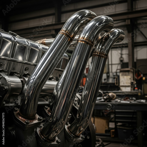 Gleaming Chrome Exhaust Manifold on Engine