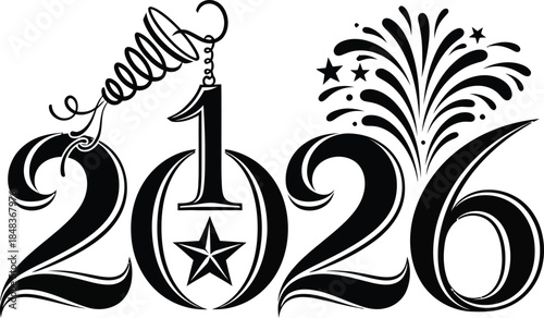 A stylish black and white graphic illustration showcases the year 2026 adorned with celebratory fireworks and a prominent star high quality