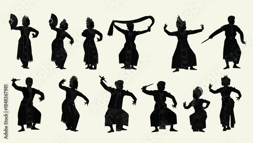 Silhouettes of Traditional Dancers in Various Poses.