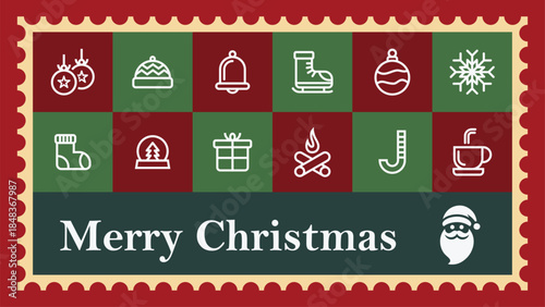 Vintage vector set of Christmas stamps and icons featuring aged postage postmarks and canceled paper textures for retro mail correspondence and philately hobby collections