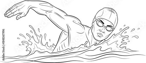 a detailed line drawing depicts a swimmer in action propelling through water with a freestyle stroke showcasing athletic form and motion