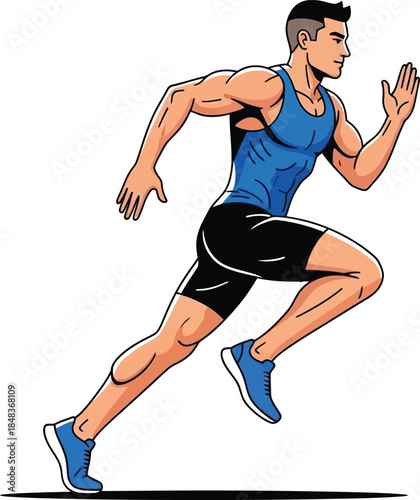 A vibrant cartoon illustration depicts a muscular man in athletic wear dynamically running forward with focused determination high quality professional detailed