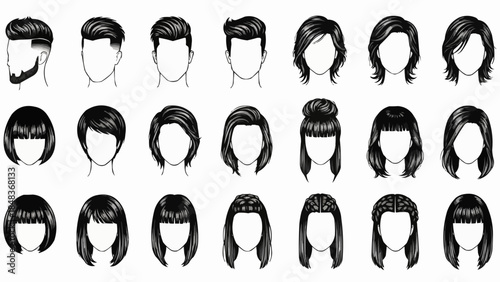Collection of diverse hairstyles for men and women illustrated in black and white.