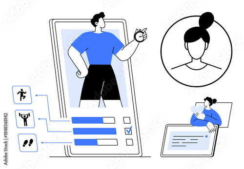 Fitness tracking. Mobile app interface for tracking workouts, activity progress, and health data. Fitness solutions enhance health and user engagement. For wellness apps, technology, healthcare