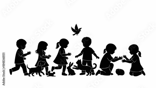Children playing with pets and a bird silhouette.