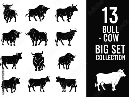 a collection of black and white silhouettes depicting various bull and cow profiles alongside a numerical designation and a white cow illustration