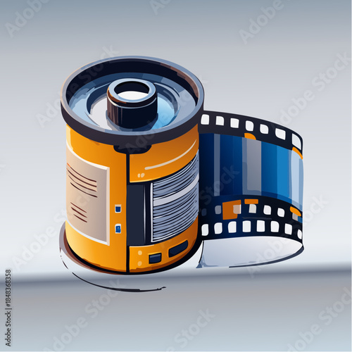 A stylized illustration of a film canister with a roll of film extending from it.