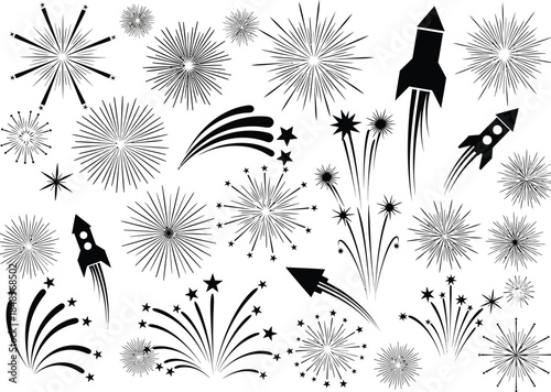 A captivating monochrome illustration depicts a festive scene with rockets fireworks stars and comets in a dynamic arrangement high quality professional