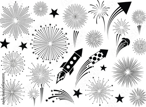 A collection of celebratory fireworks and a single rocket ship illustration presented in a black and white style creates a festive scene