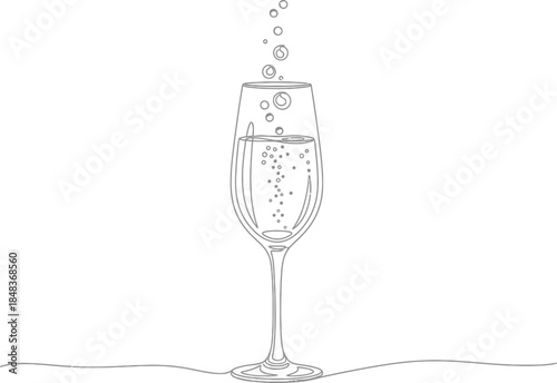 a delicate line drawing depicts a tall champagne flute filled with sparkling liquid and bubbles resting on a surface high quality