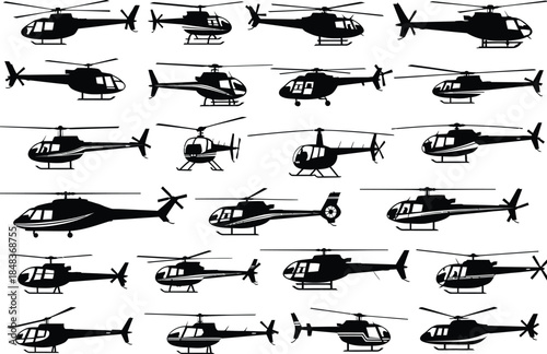 a collection of silhouetted helicopters in varying perspectives arranged in a dense repeating pattern against a plain white background high quality