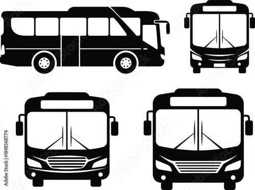 A detailed black and white illustration presents various views of a modern public transportation bus showcasing its design from multiple angles