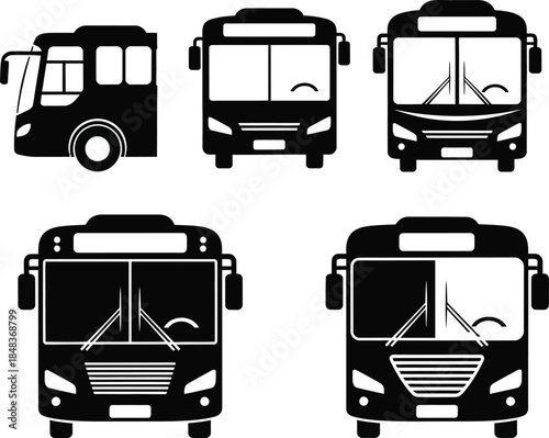 A collection of monochrome bus silhouettes showcases various perspectives including side front and top views offering a simple design high quality