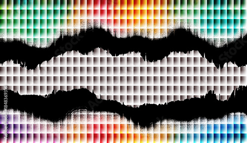 Abstract Rainbow Grid and Corrugated Metal Background with Horizontal Ripped Paper Effect and Black Grunge Edges