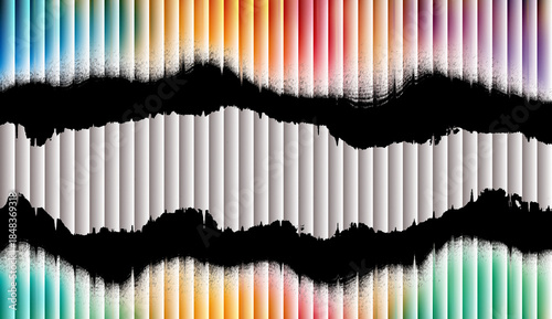 Abstract Corrugated Metal Background with Rainbow Gradient and Ripped Black Paper Edges over White Texture