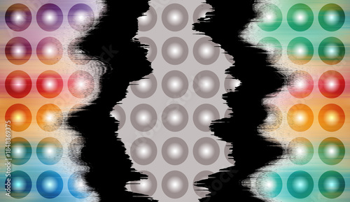 Abstract Multicolored Glowing Orb Grid Background with Jagged Black Torn Edge Texture