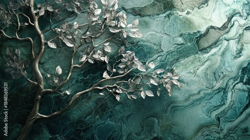 Trees whose bark has the texture of polished malachite, with silver new leaves, fantasy spring