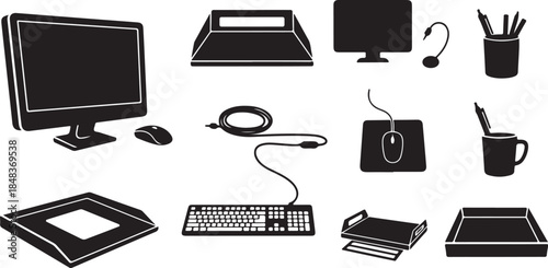 Office equipment and computer accessories in black icons