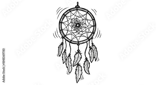 Hand Drawn Dreamcatcher With Feathers And Intricate Web Design.