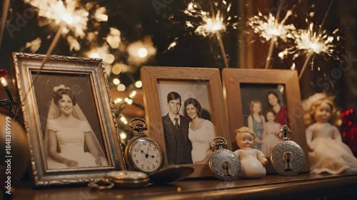 Nostalgic Sparkle: Vintage Family Photos, Antique Watches, and Festive Lights Celebrate Cherished Memories