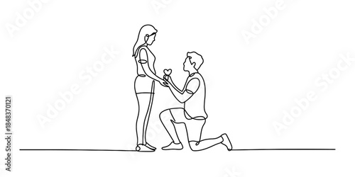 Minimalist continuous line art illustration showing a romantic proposal between a couple Vector, illustration