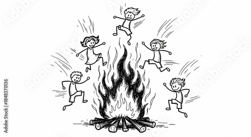 Children jumping around a bonfire in a playful and energetic scene.