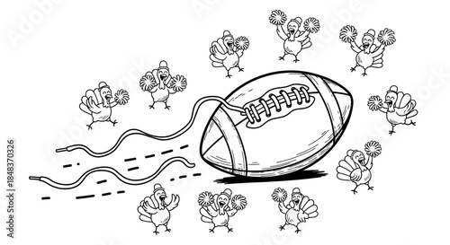 Festive Turkeys Cheerleading a Football for Thanksgiving Celebration.