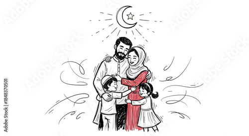 Muslim Family Embracing Under Crescent Moon and Star.