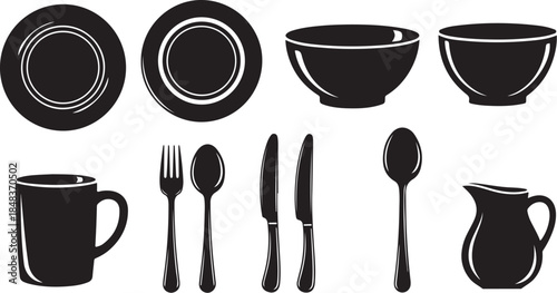 Black silhouettes of dinnerware and cutlery on white