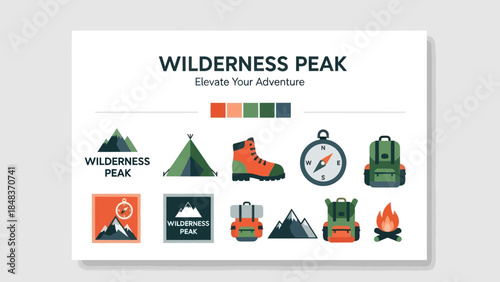 Wilderness Peak Hiking Adventure Icons Set.